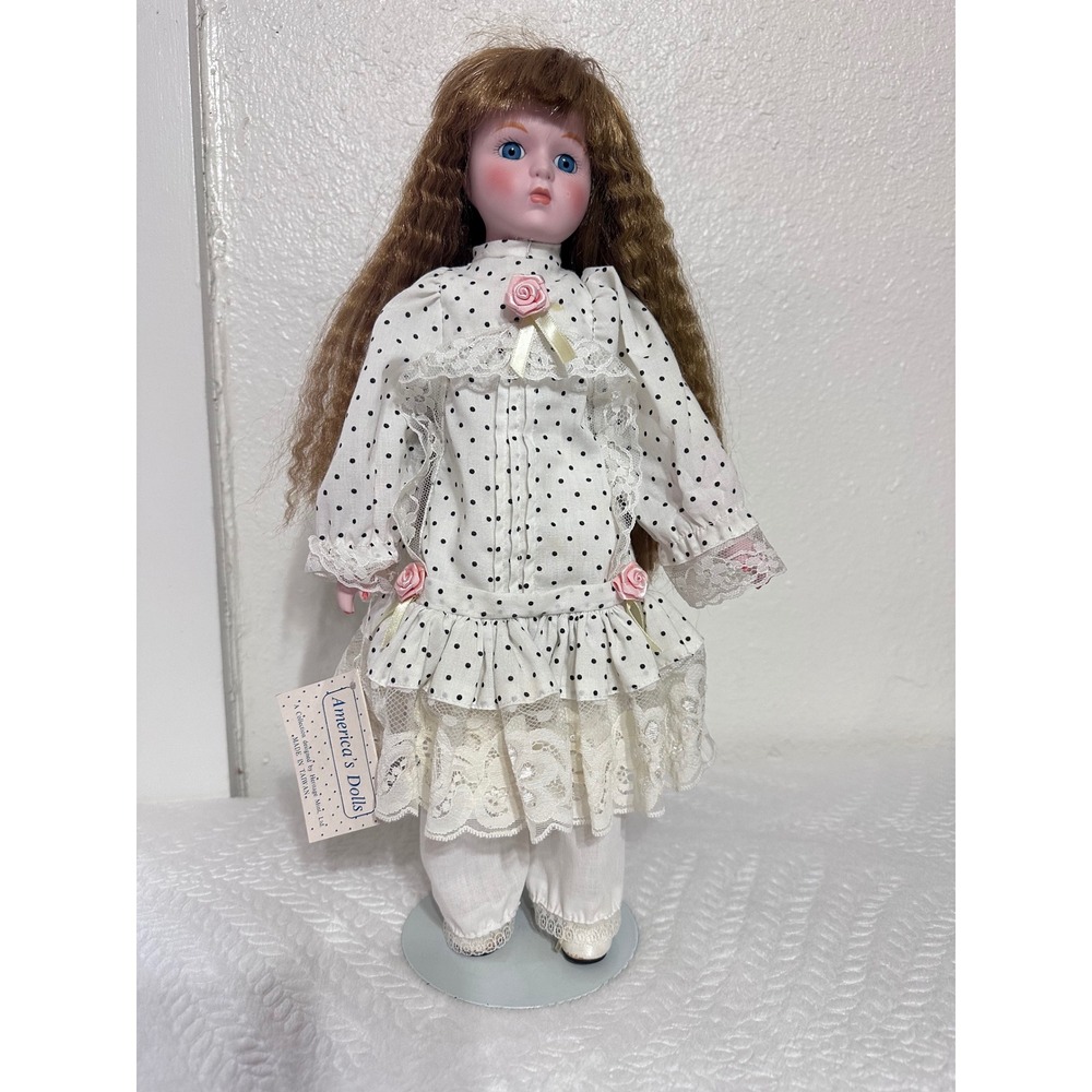 Heritage Mint Ltd Americas Dolls Porcelain Collector Doll Polka Dot Dress Stand